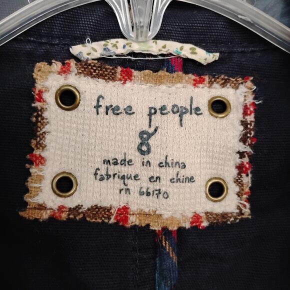 Free People 100% Cotton Utility Jacket Size 8 Navy Blue Tie at Waist Snap Button - Picture 8 of 10